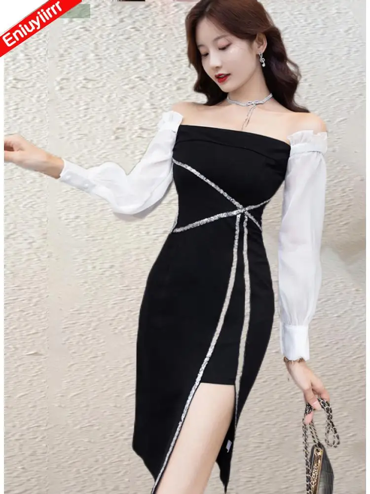 

2022 Autumn Birthday Bling Party Feminine Vestidos Hot Lady Women Fashion Cute Little Black Bling Pencil Split Dress