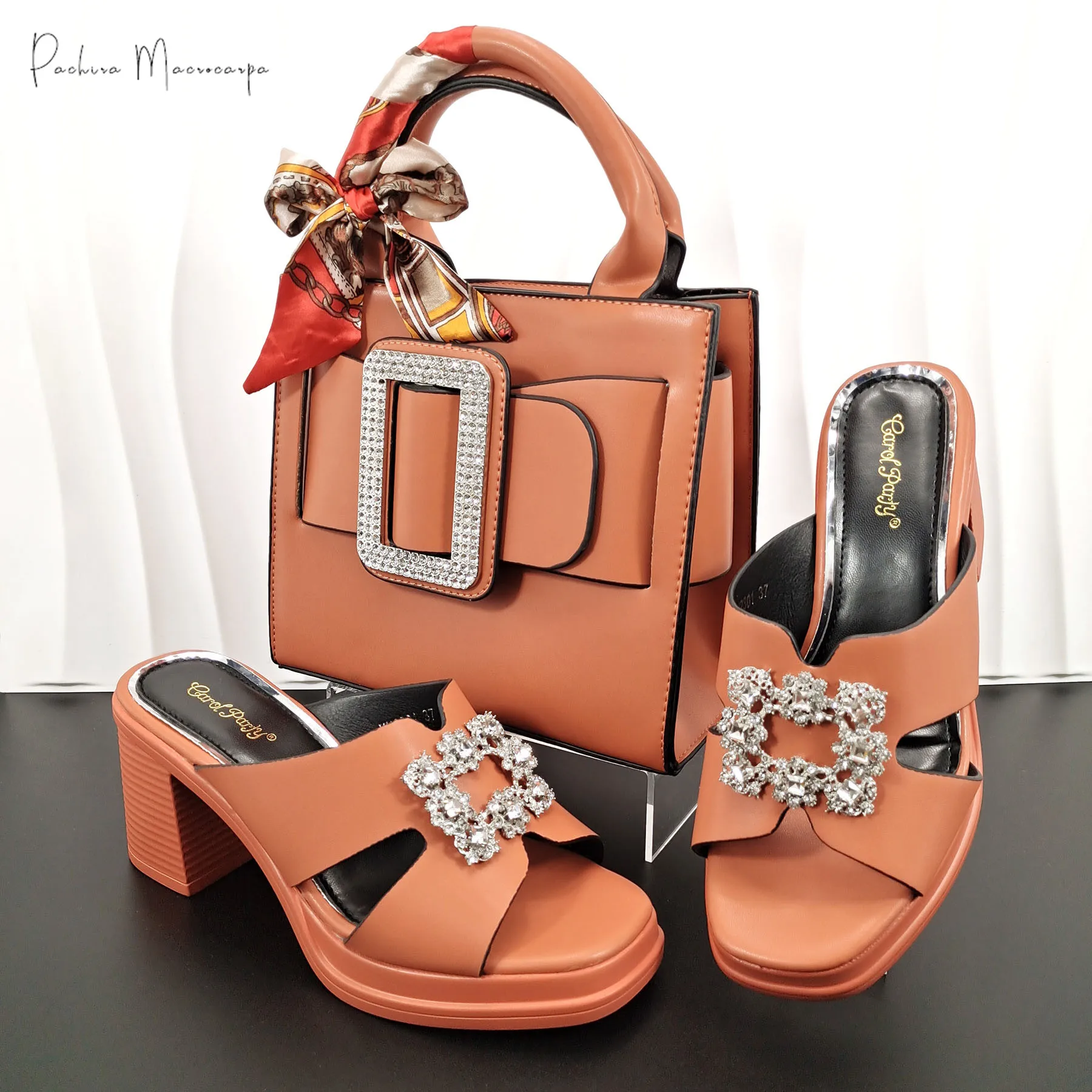 

Newest Platform Design Fashion Mature Style Orange Color Peep Toe Women Shoes and Square Fine Clutch Bag Set for Party Wedding