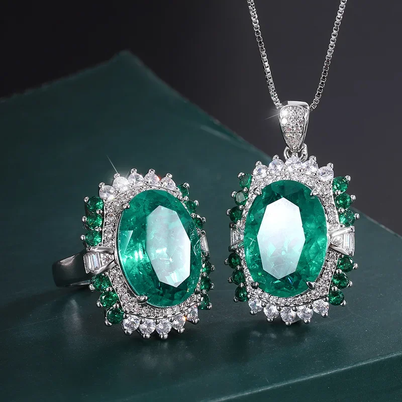 

Retro 925 Sterling Silver 13*18mm Emerald Gem Crystal Necklace for Women Ring Jewelry Streetwear Gift Mexico Valentines Nordic