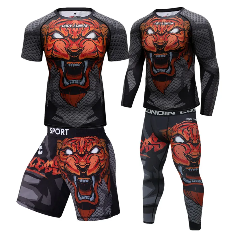 

Men's Sport Suit Quick Dry Compression Shirt Pants Gym Clothing Training Fitness Tracksuits MMA Boxing Rashguard Running Set