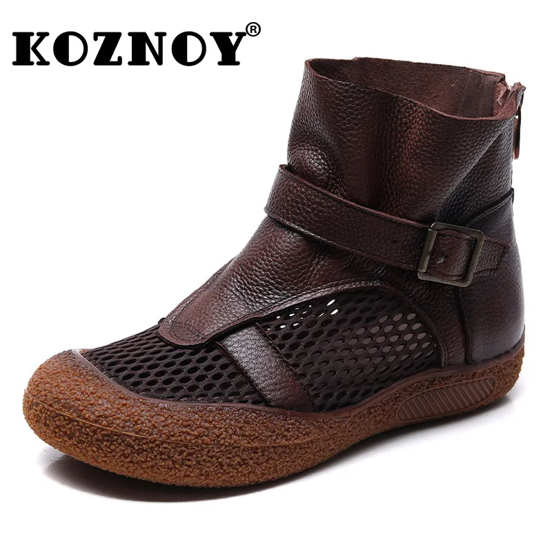 

Koznoy 2.5cm Air Mesh Genuine Leather Sandals Hollow Boots Ankle Booties Women Moccasins Fashion Chimney Motorcycle Summer Shoes