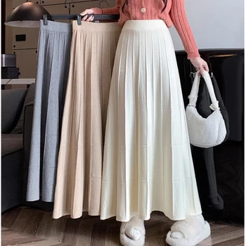 MoaaYina: O Vestido Vintage Perfeito para o Outono 7 Winter Plaid Knitted Cashere Flared Maxi Long Skirt Autumn Warm Solid Striped Ankle Length Knit Skirts Beige Gray