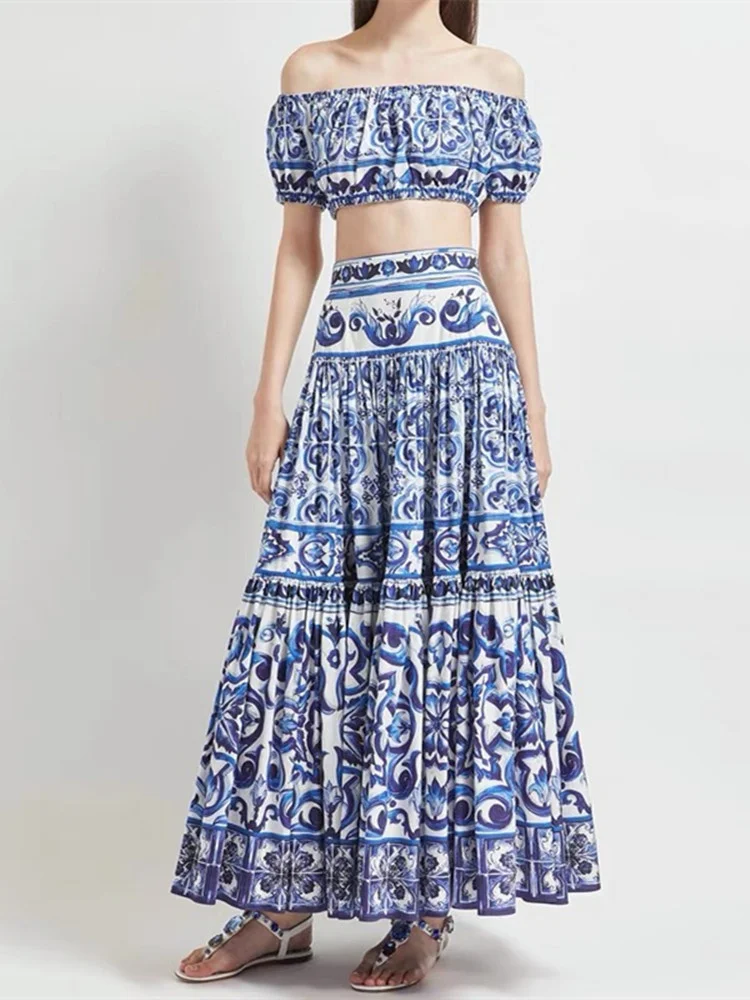 

Summer Runway Holiday Blue and White Porcelain Print Two Piece Set Women Short Puff Sleeve Strap Elastic Top＋Maxi Skirts Suit