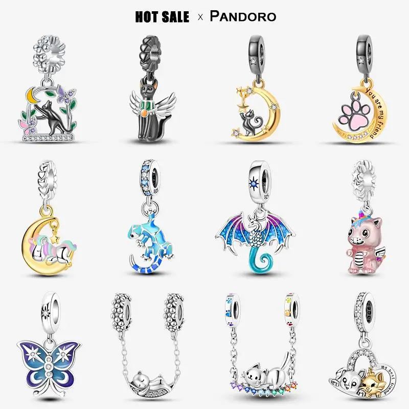 

Fit Pandora Original Charm Bracelet Cat Charm Beads Gold Color Moon Butterfly Pendant Personalized Fashion Diy Prata Silver