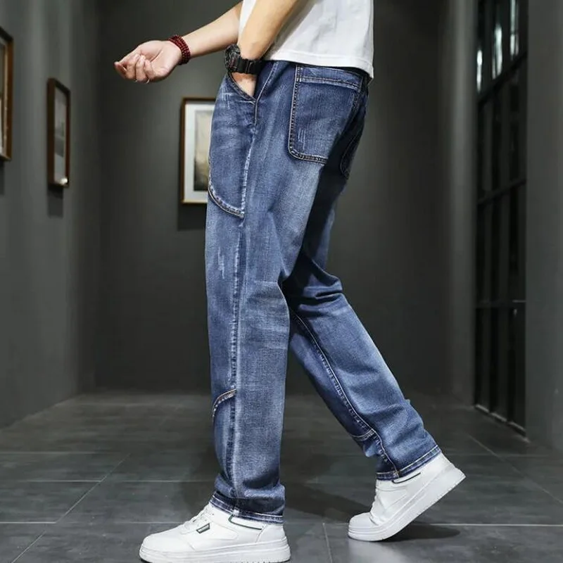 

Men Summer Lightweight Elastic Splicing Jeans Straight Denim Pants Fashion Casual Solid Color Trousers Size 28-44