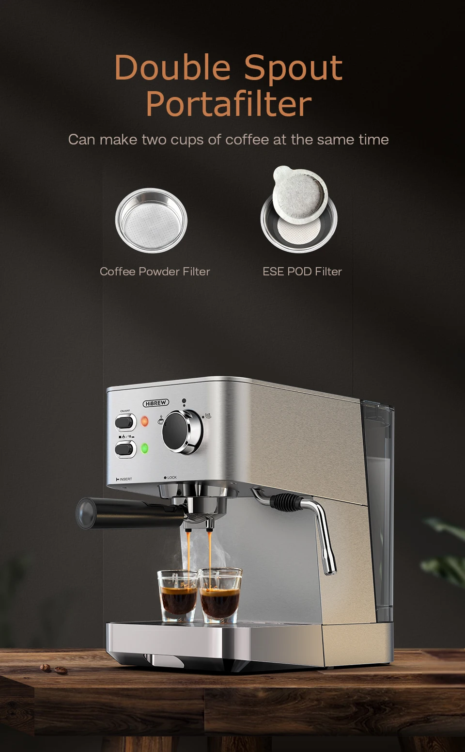 HiBREW 20Bar espresso coffee machine inox case semi automatic ESE pod&Ground Coffee espresso maker, cappuccino H10 HiBREW 20Bar espresso coffee machine inox case semi automatic ESE pod&Ground Coffee espresso maker, cappuccino H10