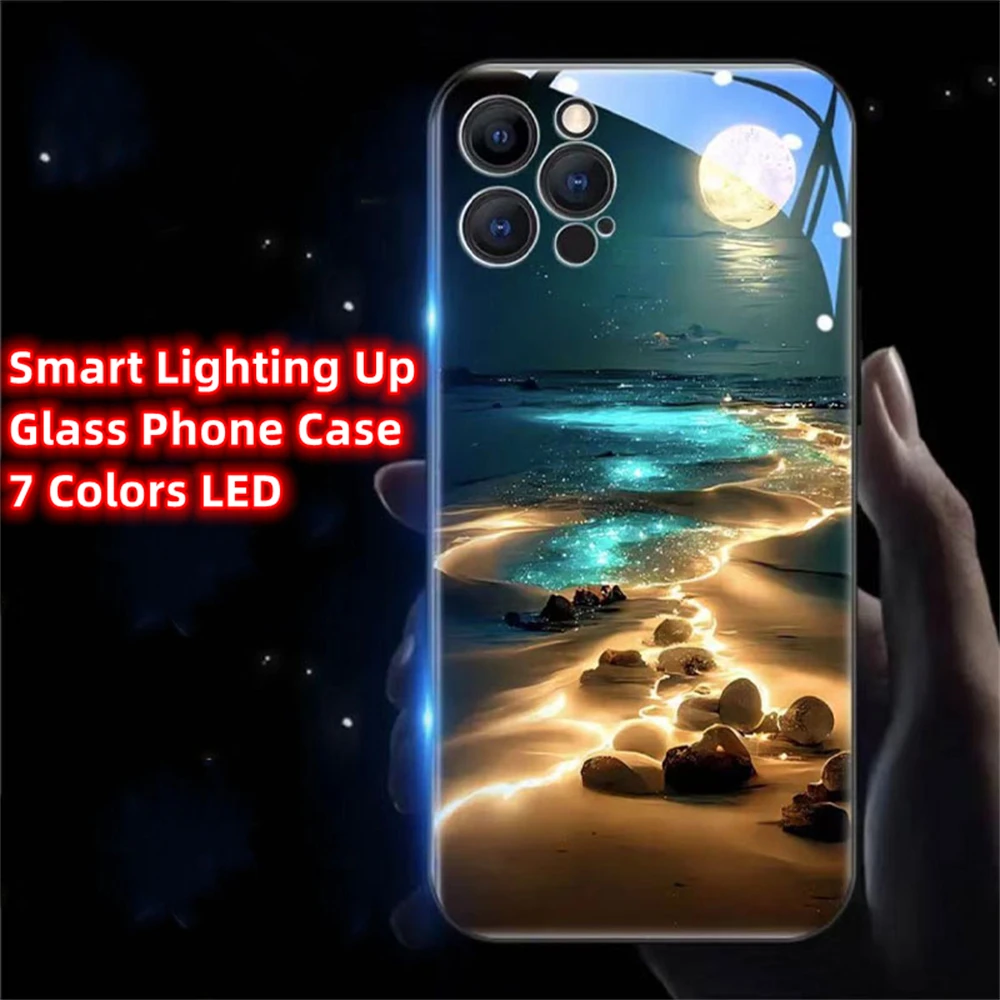 

Pretty Moonlight Beach LED Light Up Case Glass Luminous Back Cover For Samsung A54 A53 A52 A51 A12 A14 A21S A50 A73 A72 S10 S9