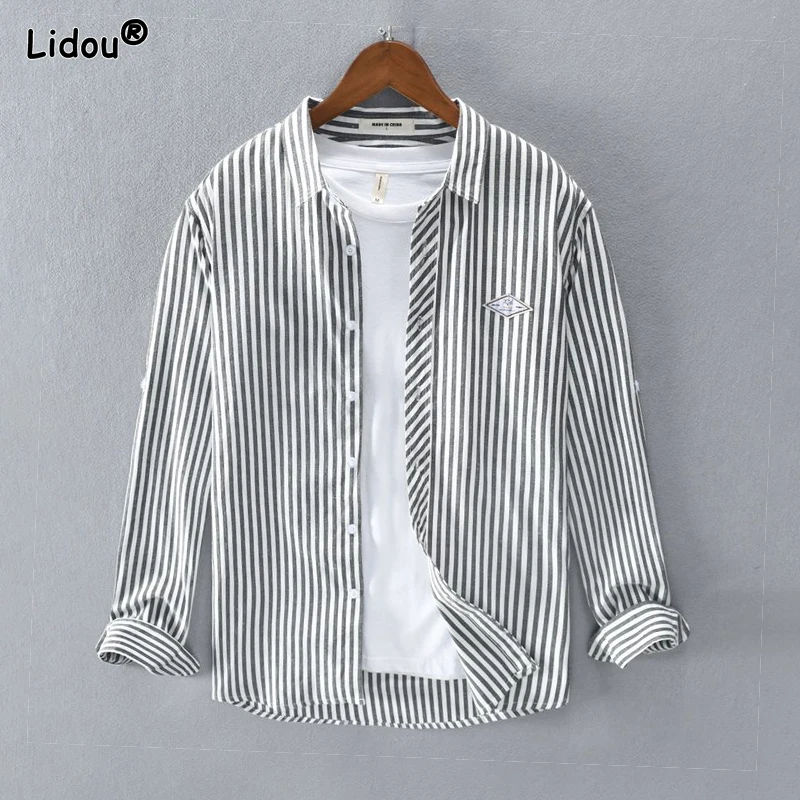 

Men's Spring and Autumn New Models Square Collar Spliced Button Stripes Fashion Cardigan Casual Versatile Long Sleeved Shirt