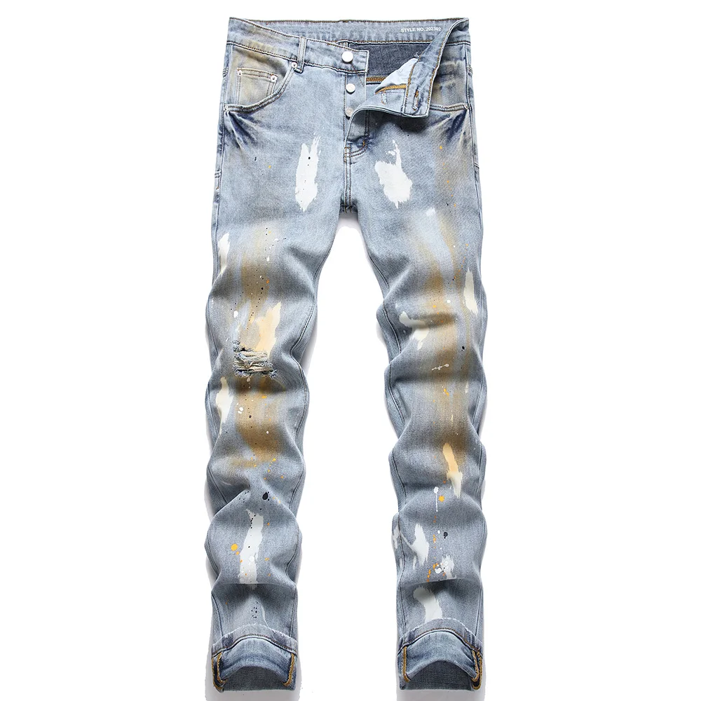 

Men Holes Ripped Jeans Painted Distressed Stretch Denim Pants Buttons Fly Blue Slim Straight Trousers