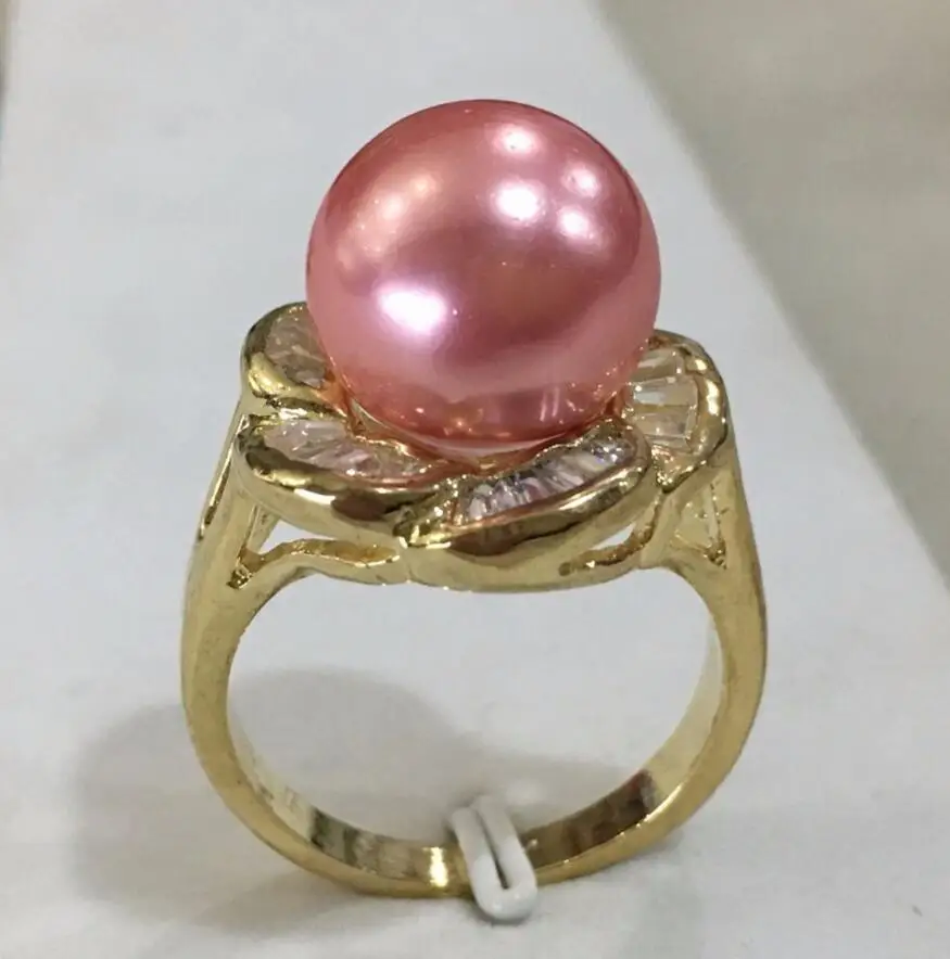 

New lady's 18kgp inlay crystal flower shape 12mm pink shell pearl fashion ring SIZE 6/7/8/9/10