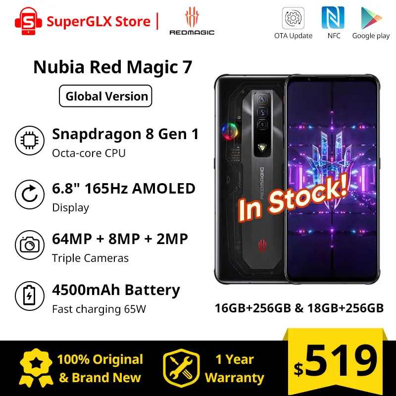 Original New Nubia Red Magic 7 5G Global Version 16GB/18GB RAM 256GB ROM Snapdragon 8 Gen 1 Octa core 165Hz Fast charging 65W
Original New Nubia Red Magic 7 5G Global Version 16GB/18GB RAM 256GB ROM Snapdragon 8 Gen 1 Octa core 165Hz Fast charging 65W