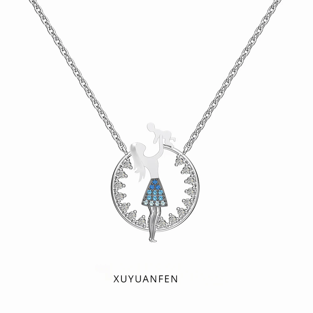 

XUYUANFEN Japanese and Korean New S925 Silver Necklace for Women with High Grade Sense Mother's Day, Mother's Child Zircon Inlay