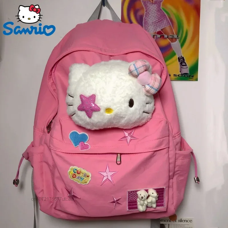 

Sanrio Hello Kitty Embroided Star Y2k Cute Backpack Women's Trend Rock Punk Backpacks JK Student Zipper 14in Canvas School Bag