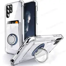 Transparent Soft Phone Case For Samsung S23 Ultra 5G Magnetic Ring Holder Card Slot Cover For Galaxy S23 S24 Plus Note 20 Ultra