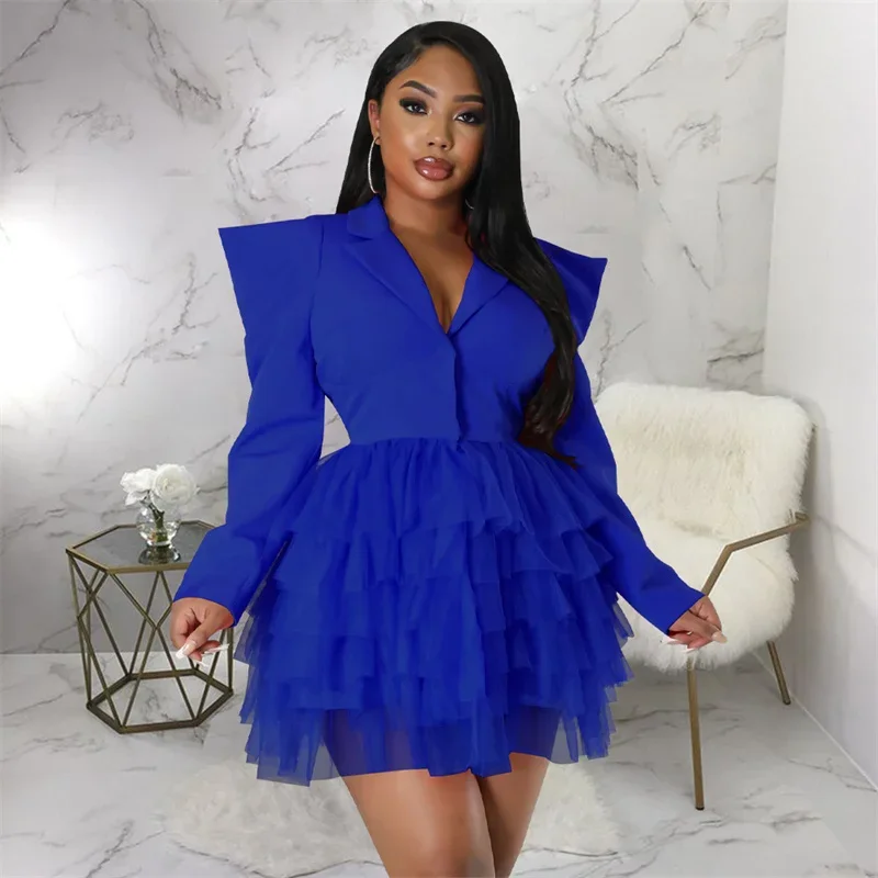 

Women Straight Shoulder Long Sleeve Mini Dress Suit Collar High Waist Mesh Splicing Hem Cake Dresses Female Office Commuter Wear