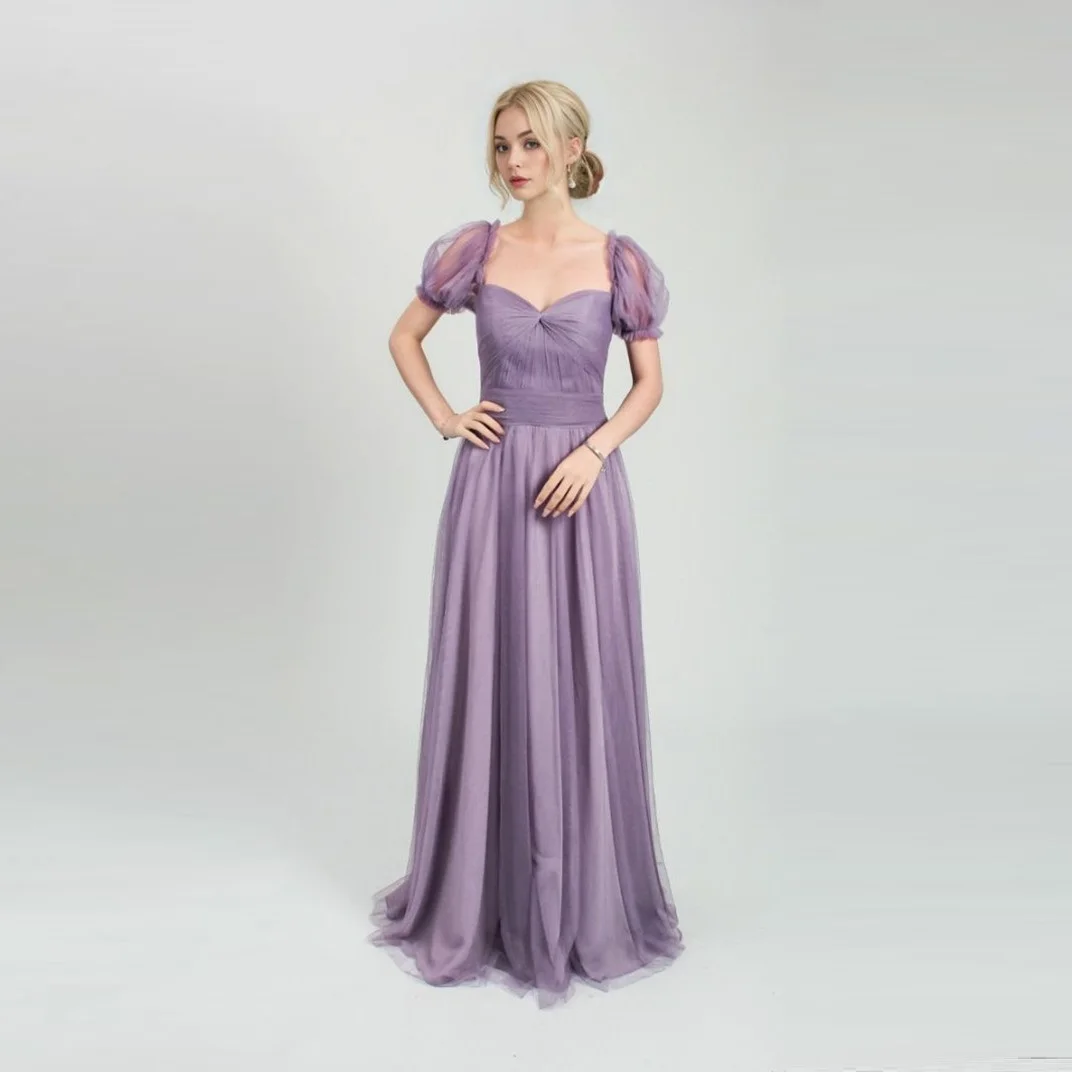 

Lilac Bridesmaid Dresses Puffy Sleeves Tulle Evening Dresses Floor Length Wedding Guest Dress Maid Of Honor Formal Party Gowns
