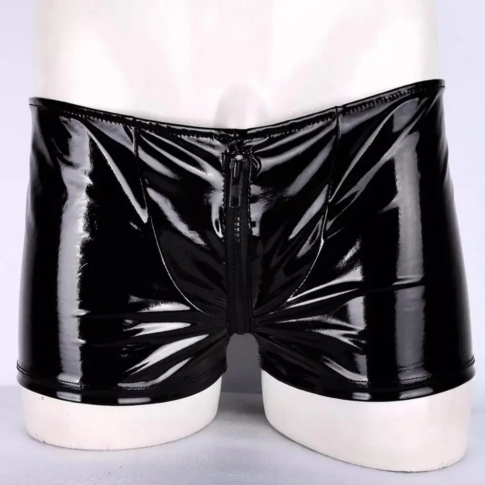 

Men Sexy Zipper Crotch Boxer Shorts PVC Wetlook Faux Leather Fetish Costumes Boxers Underwear Panties Erotic Backless Boxershort