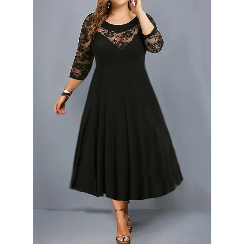 

Spring Autumn New Lace Black Plus Size Crew Neck Big Hem Long Dress Women 6XL Three Quarter Sleeves Oversized Vestidos De Fiesta