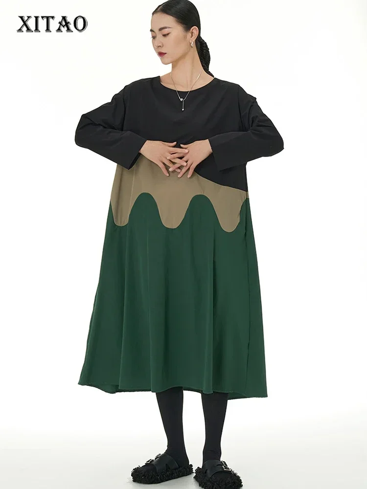 

XITAO платье с круглым вырезом и длинными рукавами, свободное повседневное модное платье контрастных цветов в стиле пэчворк, подходит ко всему, осень 2023, Новое Женское платье DMJ2889