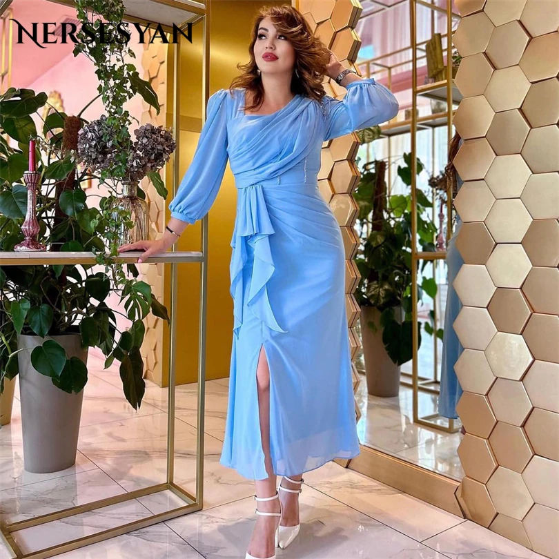 

Nersesyan Mermaid Blue Long Sleeves Formal Evening Gowns Chiffon Ruffled Pleats Party Dresses Ankle-Length Vestidos De Fiesta