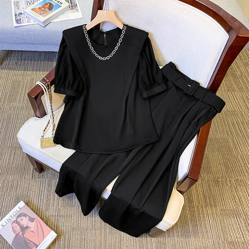 

Женский летний комплект из двух предметов, блузка с круглым вырезом и широкие брюки, женские повседневные элегантные офисные облегающие костюмы больших размеров, черный, хаки