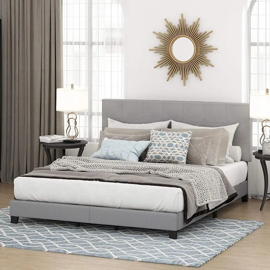 

Furinno Laval Button Tufted Upholstered Platform Bed Frame, California King, Glacier