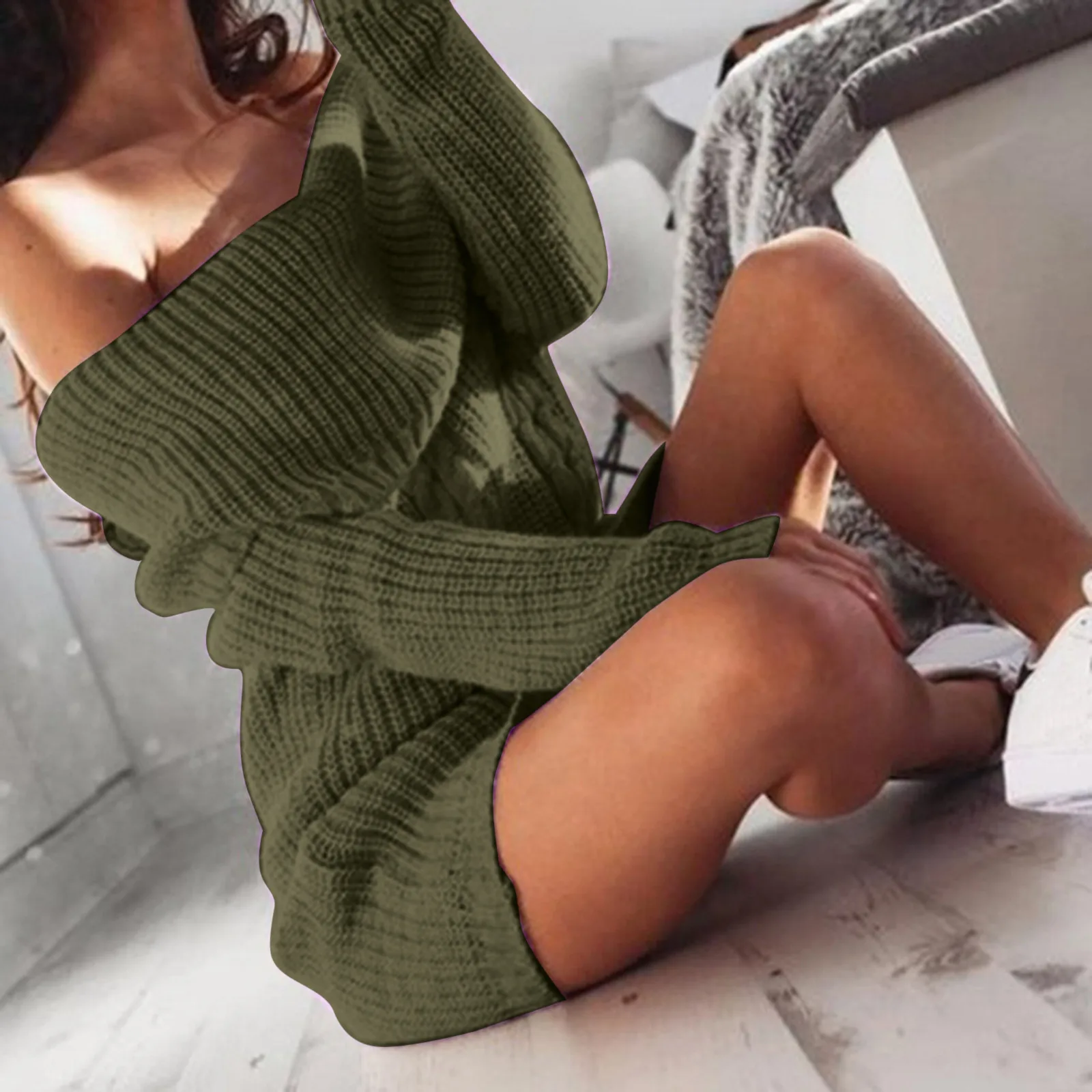 Women's Casual Sweater Dresses Line Neck Off Shoulder Long Sleeved Wrap Buttocks Knit Sweater Loose Sexy Short Dress
Women's Casual Sweater Dresses Line Neck Off Shoulder Long Sleeved Wrap Buttocks Knit Sweater Loose Sexy Short Dress