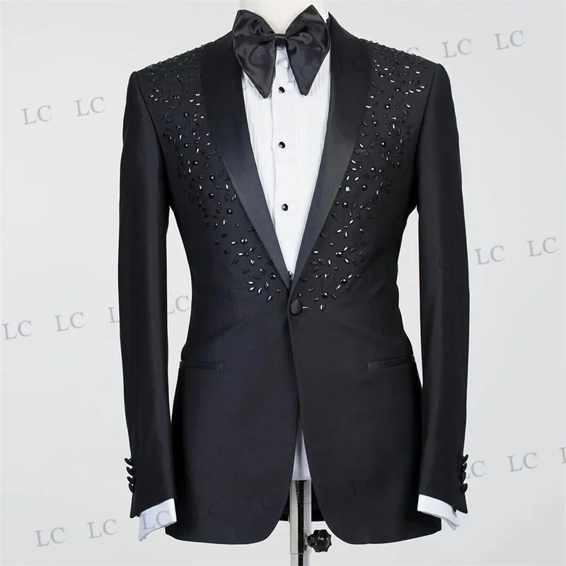 

Beading Prom Men Suits 2 Piece Blazer Pnats One Button Crystals Beads Diamonds Tuxedo Slim Wedding Groom Plus Size Costume Homme