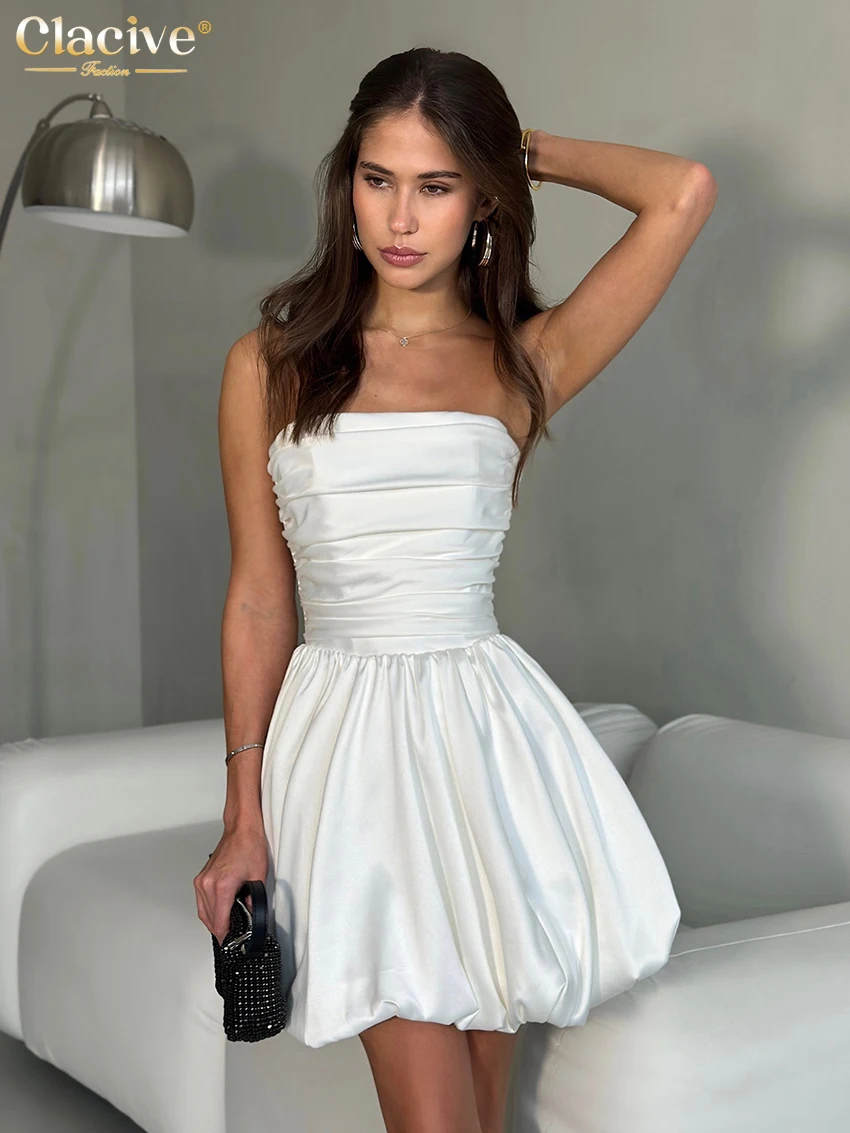 

Clacive Sexy Slim White Satin Dress Lady Summer Strapless Sleeveless Mini Dress Elegant High Waist Pleated Party Dresses Women