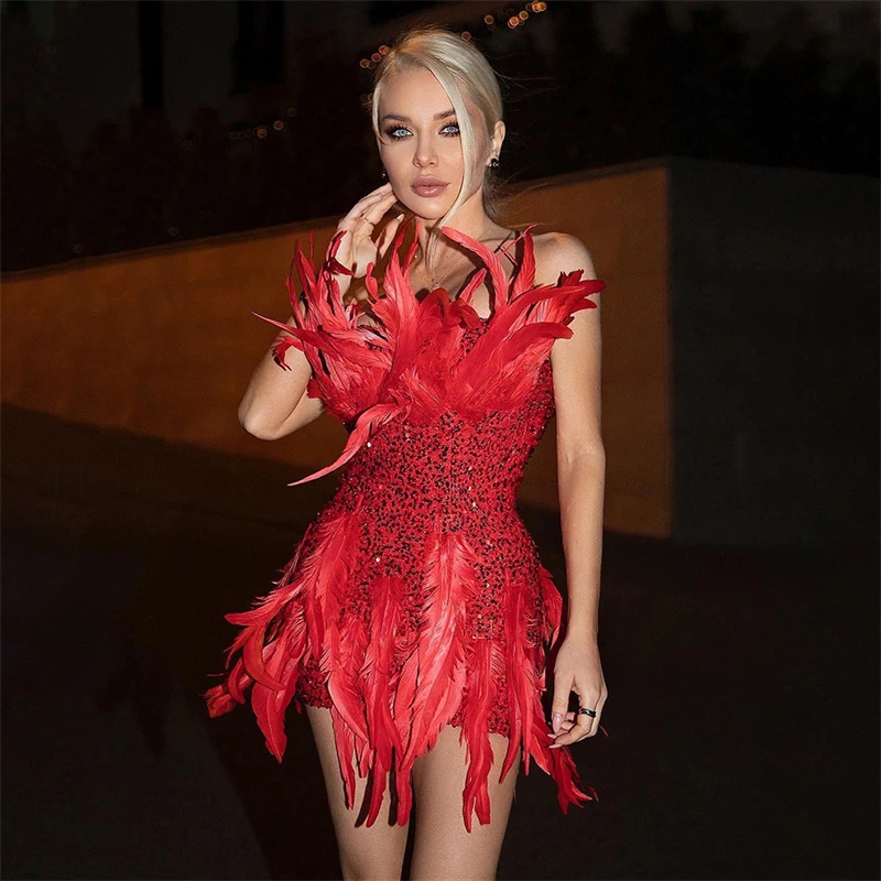 

New Three-Dimensional Feather Sequins Dress Design Sense Strapless Sexy Waist Wrap Hip Stage Performance Dress Women's Clothing