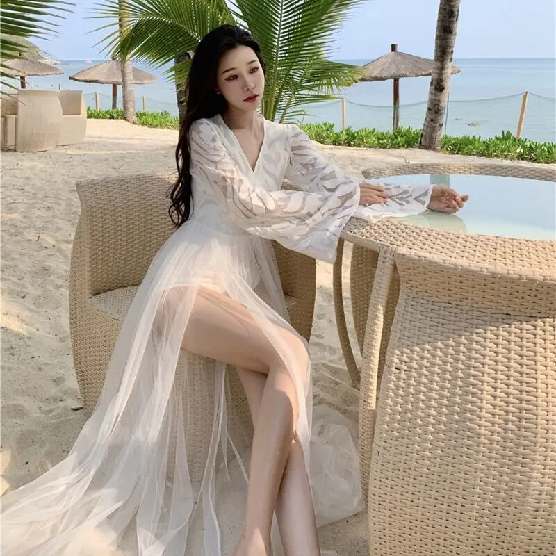 Sheer Mesh Flowy Bodysuit Spliced Dress Women Korean Style Design Long Sleeve Sundress Robes Lady Beach Vacation Fairy Vestidos
Sheer Mesh Flowy Bodysuit Spliced Dress Women Korean Style Design Long Sleeve Sundress Robes Lady Beach Vacation Fairy Vestidos