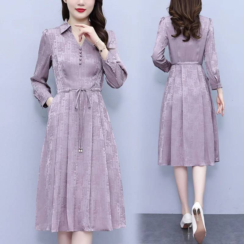 

Autumn New Purple Silk Satin Printed Dress for Women 2023 New Belt V-Neck Long Sleeve Loose Large Knee Length Dress Robe