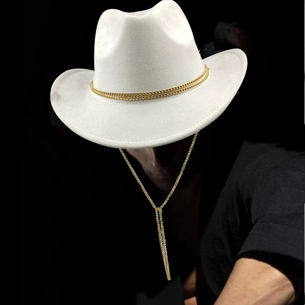 

Suede Western Cowboy Hat for Men Women Pearl Chain Drawstring Jazz Hat Cowgirl Fedora Hat Wide Brim Sun Hat sombrero vaquero