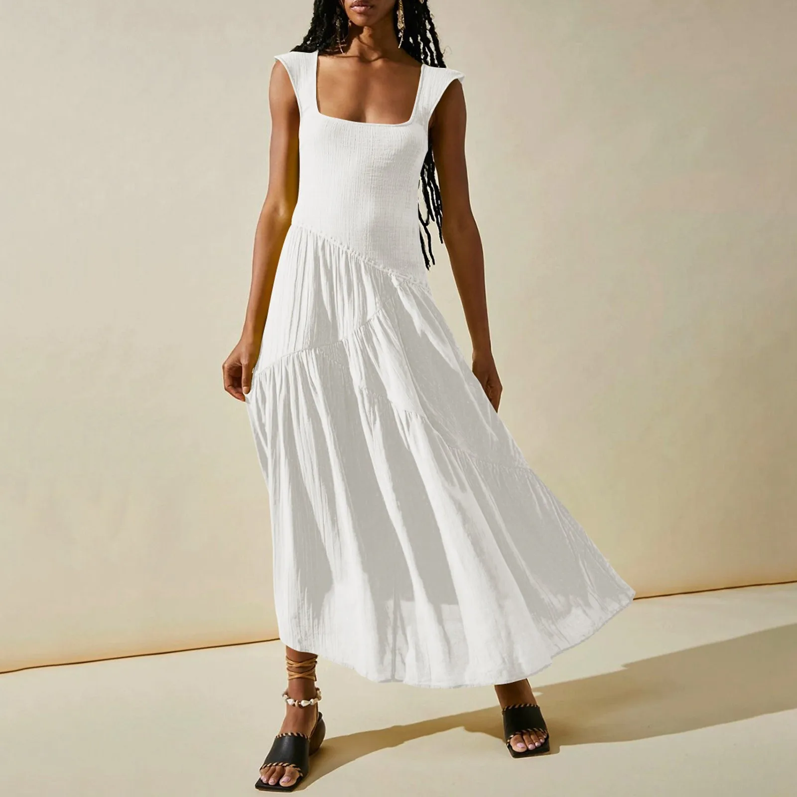 Women Solid Bohemian Casual Beach Dress Pleated Irregular Dress Beach Long Dress 
Women Solid Bohemian Casual Beach Dress Pleated Irregular Dress Beach Long Dress