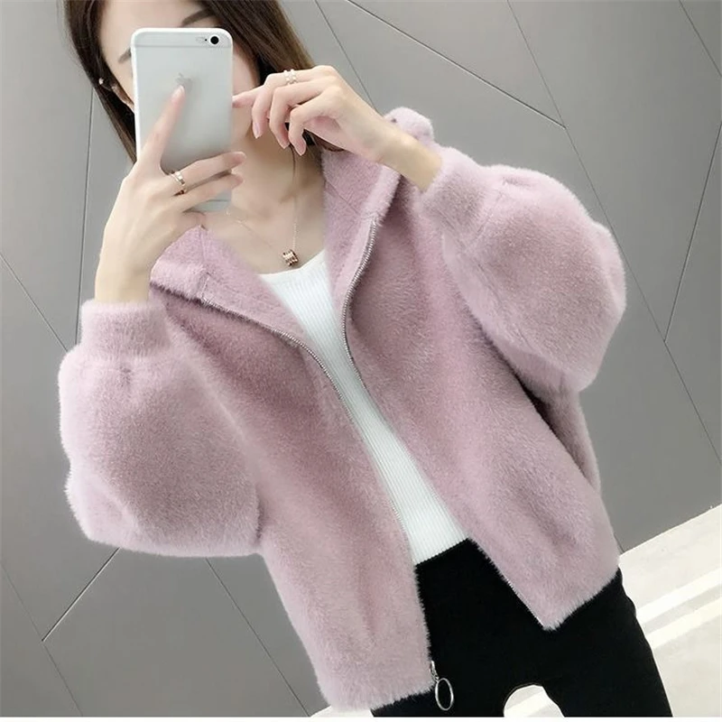Women Spring Hooded Zipper Knitted Jackets Imitation Mink Cashmere Korean Sweaters Cardigan Solid Color Loose Short Outwear Tops 
Women Spring Hooded Zipper Knitted Jackets Imitation Mink Cashmere Korean Sweaters Cardigan Solid Color Loose Short Outwear Tops