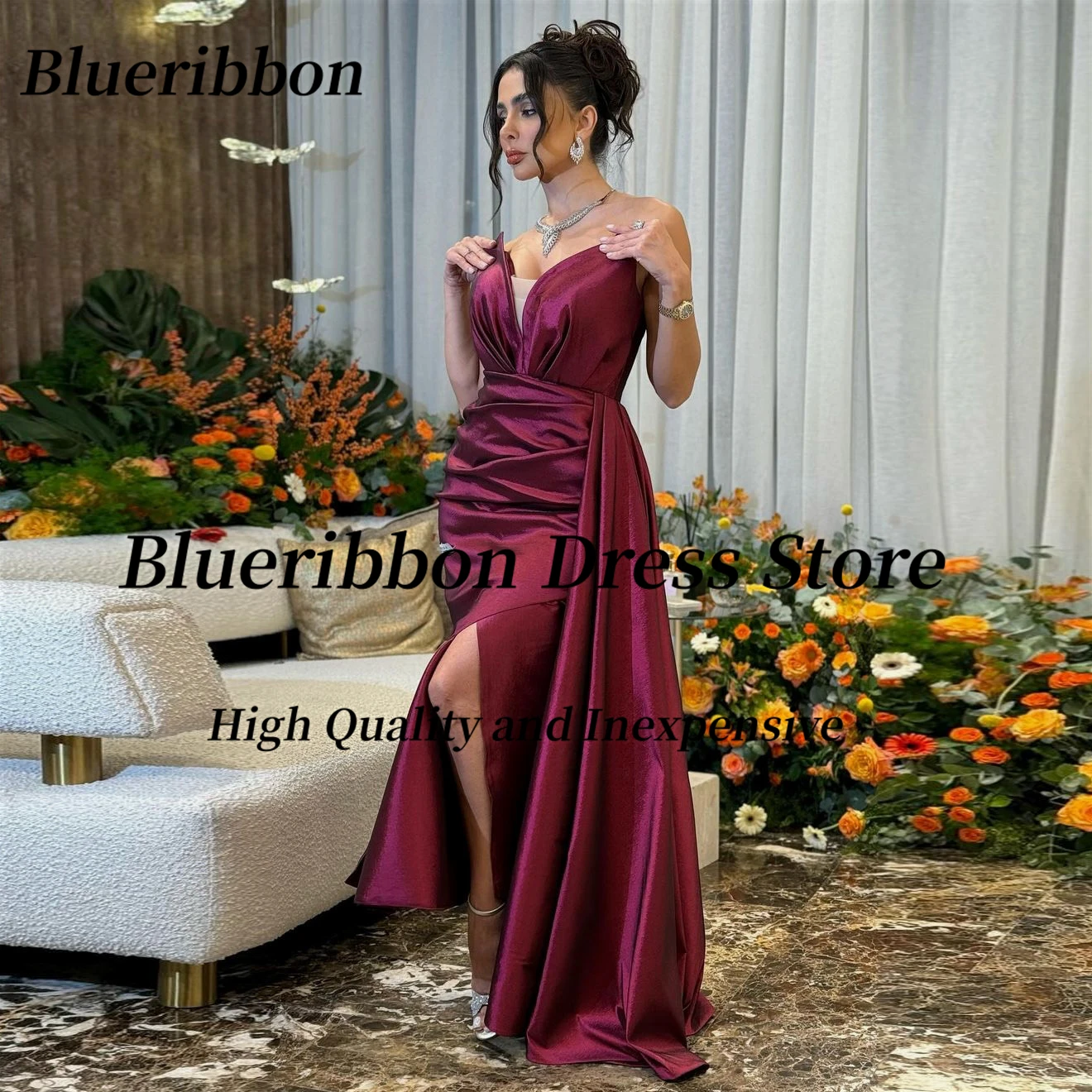 

Blueribbon Robes De Soirée Sweetheart Prom Dresses Ruched Side Slit فستان حفلات الزفاف Zipper Back Vestidos Party Evening Gowns