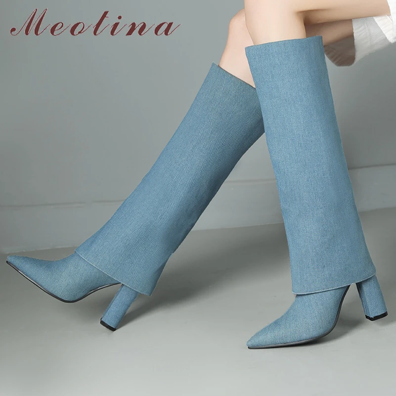 

Женские длинные джинсовые сапоги Meotina, осенне-зимние сапоги до колена, с острым носком, на массивном высоком каблуке, небесно-голубого цвета, 43