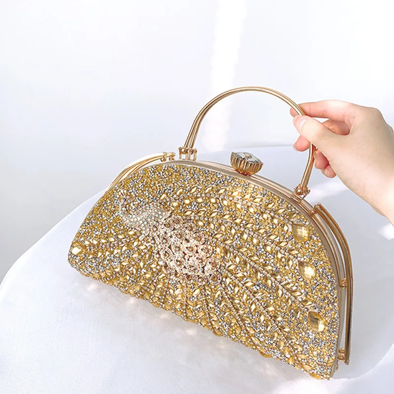 

Women Luxury Diamonds Handbags Glitter Vintage Evening Bags For Wedding Banquet Party Chain Crossbody Purse 2023 Half Moon Bag