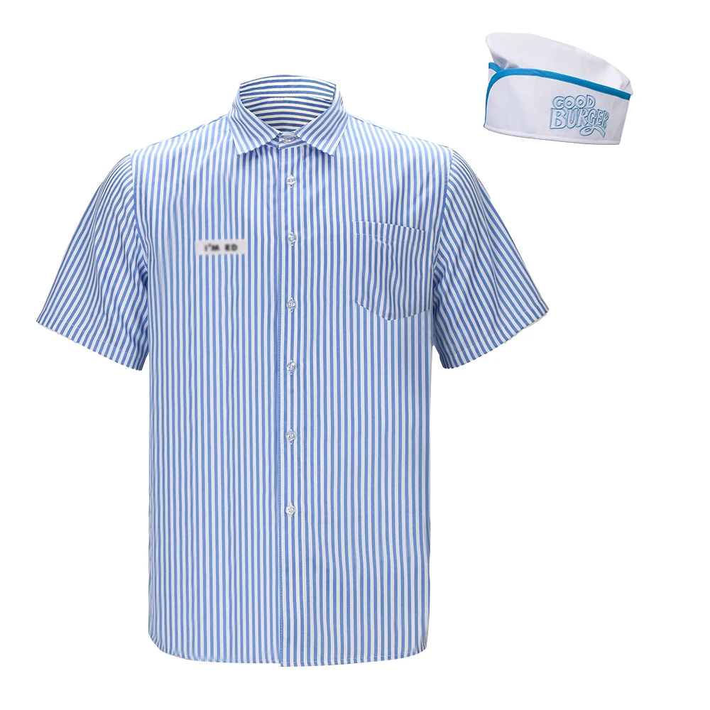 

Good Burger Waiter Blue White Uniform Shirt Hat Name Badge Halloween Cosplay Outfits for Adults