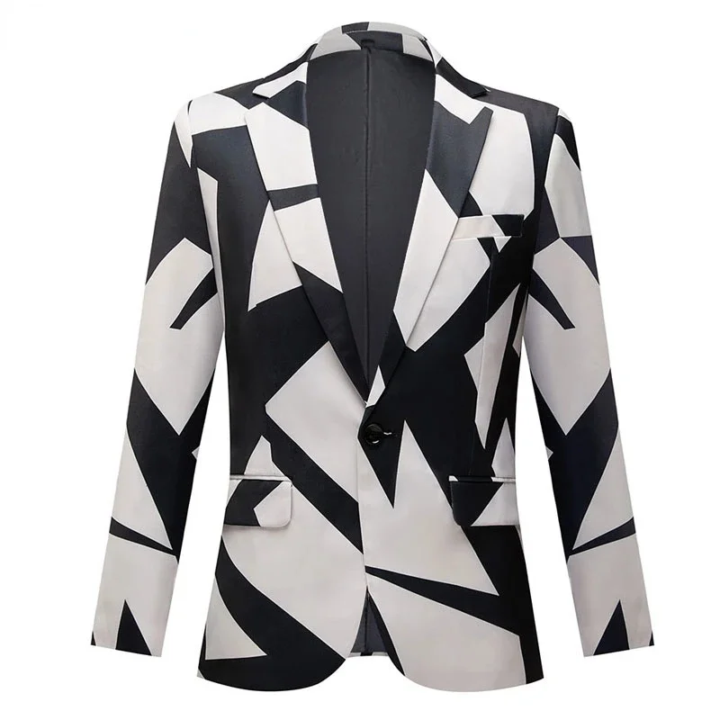 

Black White Geometric Print Suit Blazers Men One Button Notched Lapel Jacket Blazer Wedding Party Tuxedo