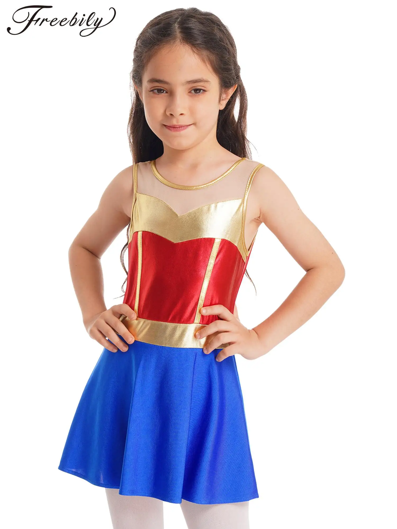 

Kids Girls Halloween Heroine Cosplay Dress Sleeveless Metallic Mesh Spliced Dresses Theme Party Roleplay Performance Costume