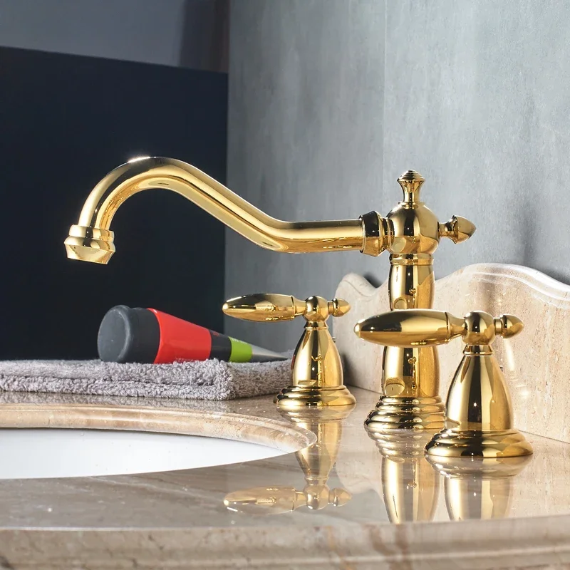 

Vidric Dual Handle Basin Faucet Widespread Brass Basin Sink Mixer Tap Antique Brass 3 Holes Bath Sink Hot Cold Water Tap