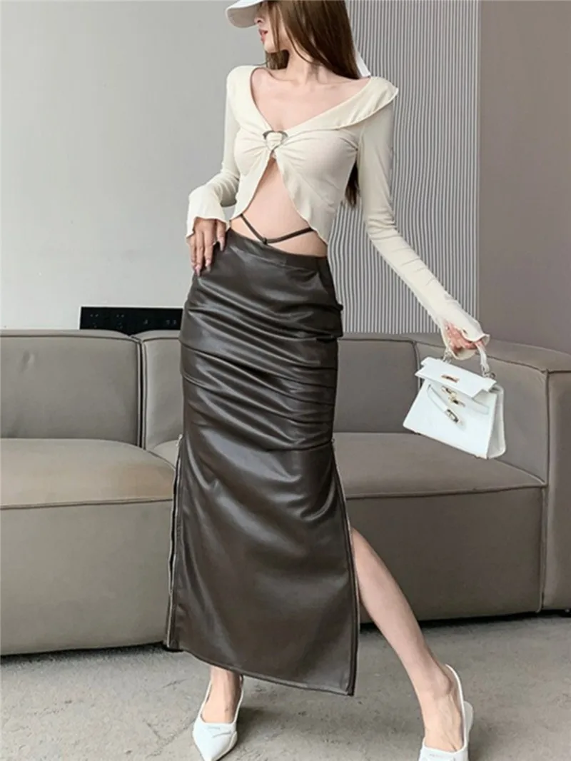 

Europe The United States High Waist PU Leather Side Slit Half Skirt Slimming Slim Spice Pleated Buttock Wrap Long Dress Women