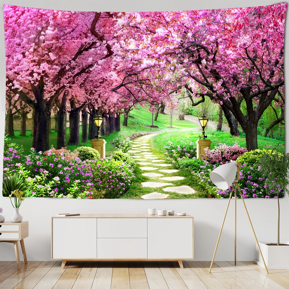 

Flowers Forest Path Scenery Tapestry Wall Hanging Bohemian Hippie Witchcraft Art Psychedelic Table Mat Background Cloth Decor