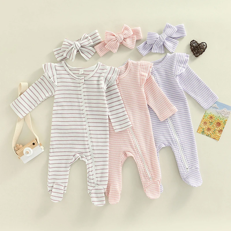 

Baby Girls Romper Suit Long Sleeve Zipper Ruffle Patchwork Casual Party Street Spring Romper+Headband