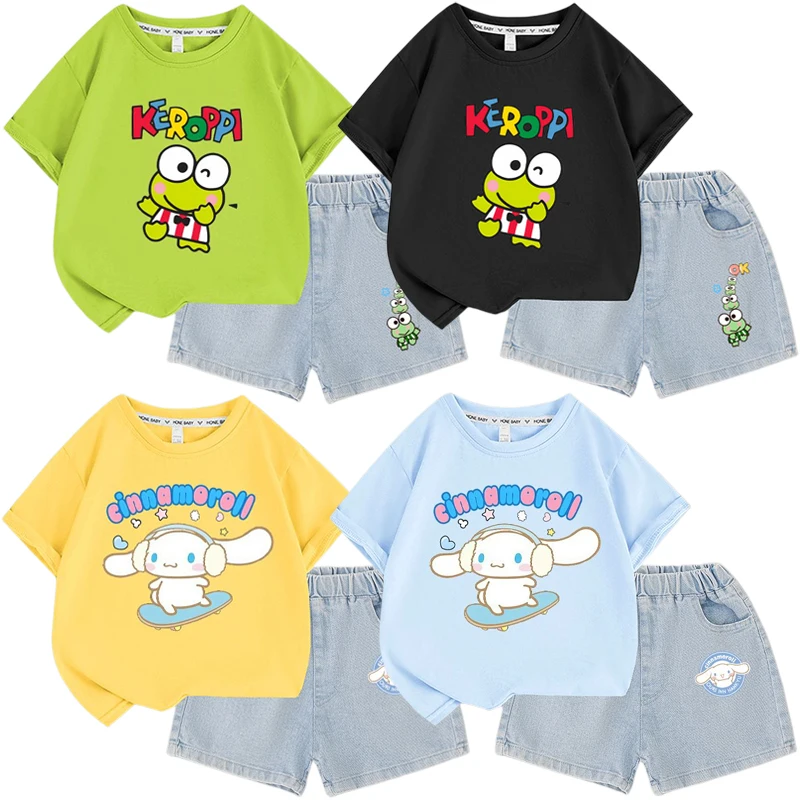 Детские джинсовые шорты с коротким рукавом Sanrios Cinnamoroll Keroppi, летняя одежда с милым принтом для девочек, топы, футболки
Детские джинсовые шорты с коротким рукавом Sanrios Cinnamoroll Keroppi, летняя одежда с милым принтом для девочек, топы, футболки