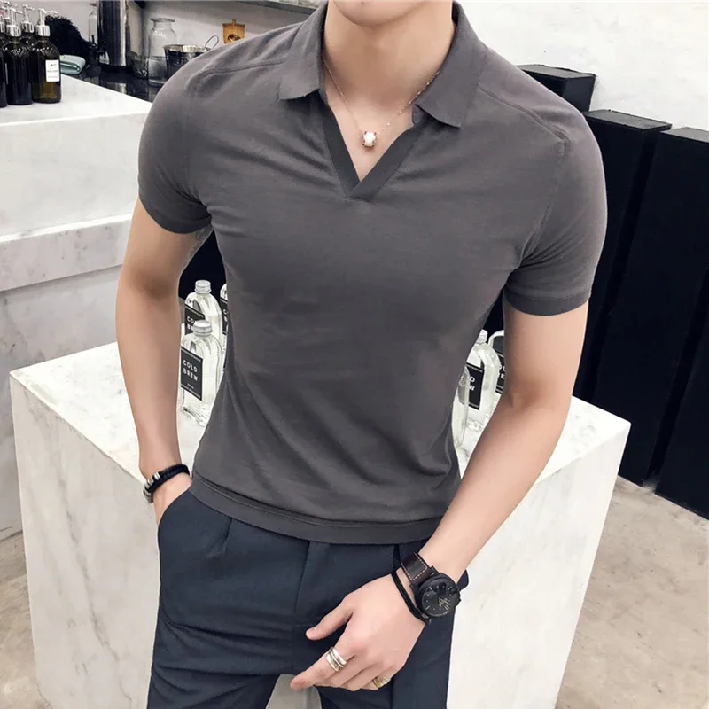 

Рубашка-поло мужская с V-образным вырезом, дышащая модная сорочка с коротким рукавом, облегающая Однотонная футболка, уличная одежда, 4XL-M, лето 2023