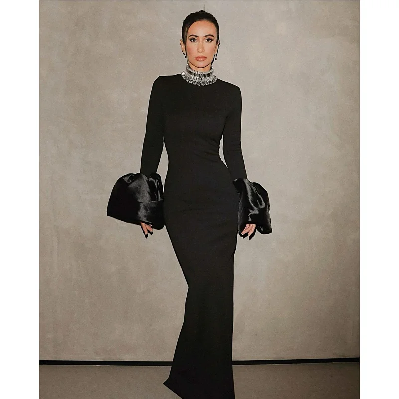 

STOCK Shining Diamonds Neck Flare Sleeve Black Long Bandage Dress Elegant Woman Evening Party Dress Cocktail Party Outfit