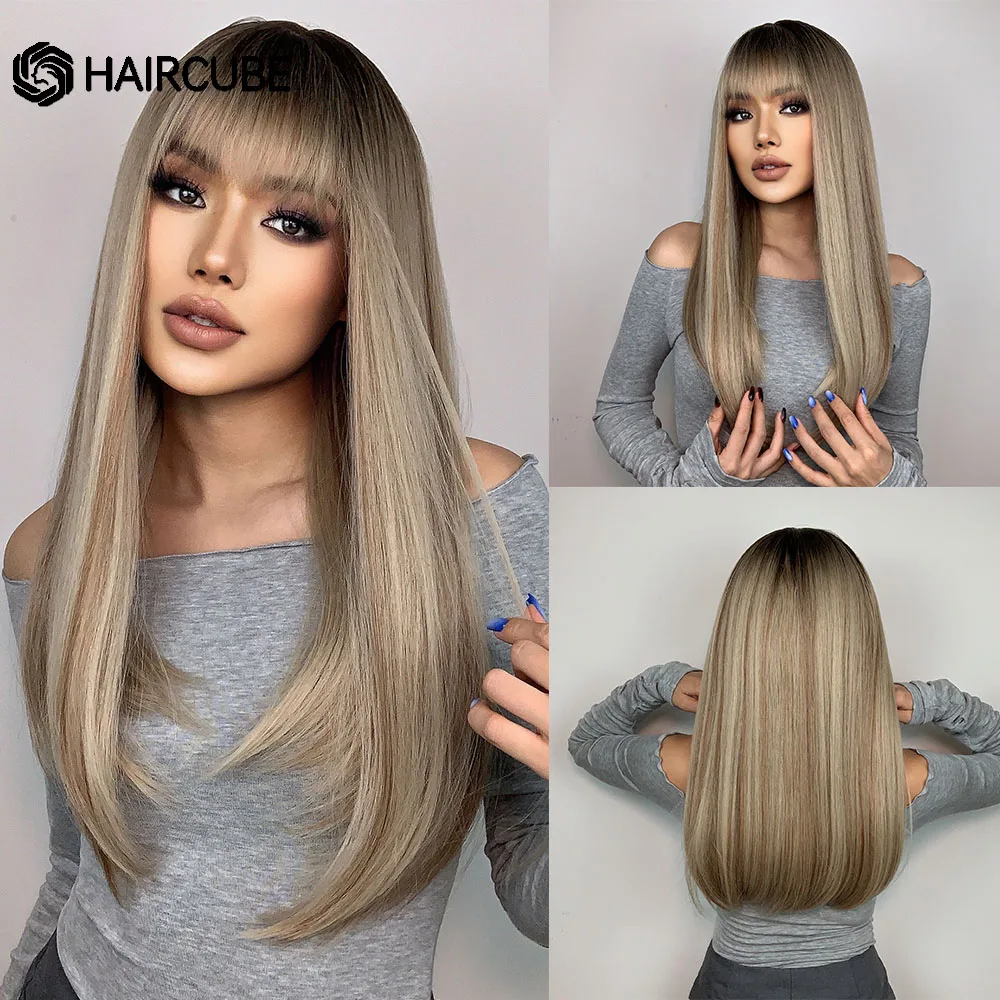 

HAIRCUBE Long Straight Synthetic Wigs Brown Dark Roots Blonde Ombre Hair Women Wigs With Bangs Daily Heat Resistant Fiber Wigs