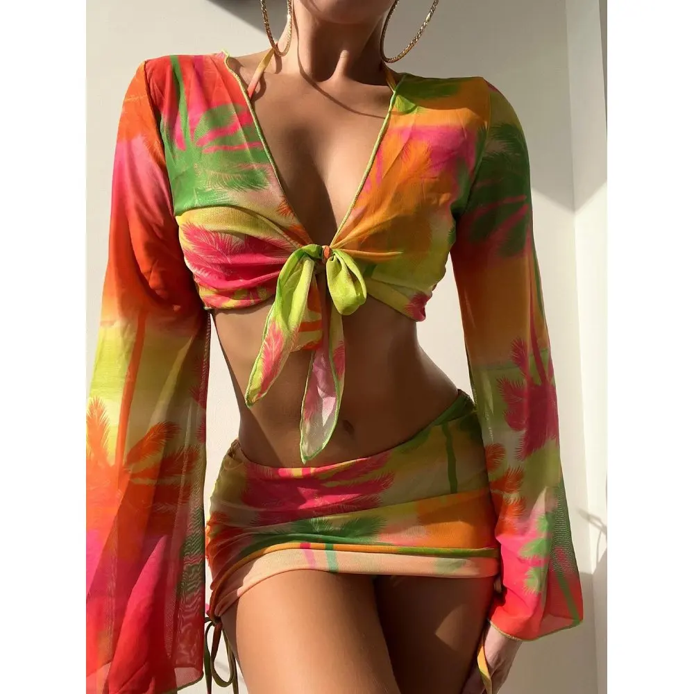 

Cikini Tropical Print Triangle Bikinis Set Swimsuit With Cover Up Summer Beach Swimwear Bathing Suit For Women